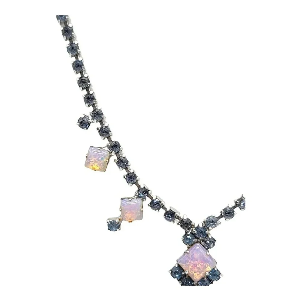 Blue Rhinestone Pink Faux Opal Art Deco Style Choker Necklace Silver Tone